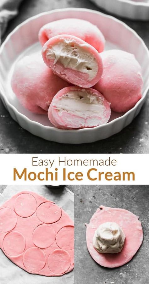 Homemade Mochi Ice Cream is a sweet and chewy Japanese rice cake filled with your choice of ice cream in a soft, slightly chewy, sweet rice dough. You won't believe how easy it is to make yourself! via @betrfromscratch Making Mochi Ice Cream, How To Make Mochi Ice Cream Recipes, Strawberry Ice Cream Mochi Recipe, How Make Mochi, Easy Homemade Mochi, How To Make Mochi With Cornstarch, Rice Dough Recipe, Mochi Making Videos, Korean Mochi Recipe