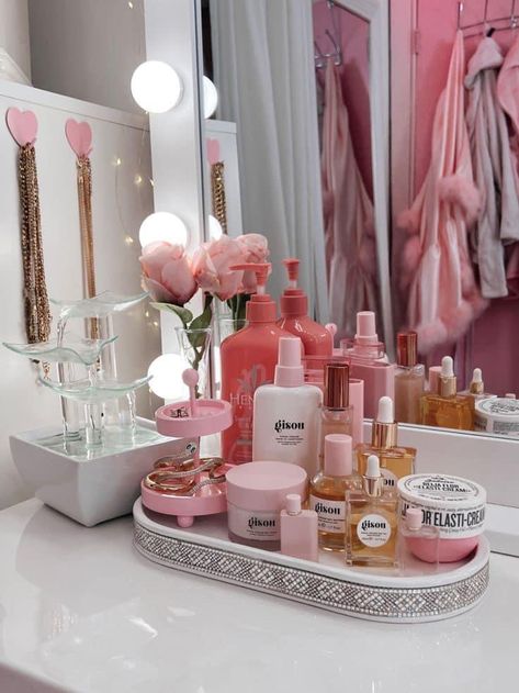 personal care, body care, #skincare Pink Selfcare Aesthetic, Girly Clean Aesthetic, Vanity Decor Aesthetic, Pink Vanity Aesthetic, Pink Makeup Vanity, Girly Vanity, Pink Room Aesthetic, Elasti Cream, Pink Selfcare