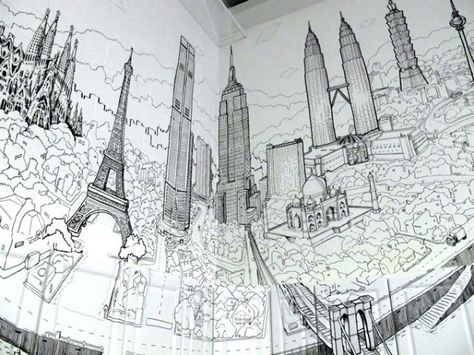 Global City: A Sprawling Mural Drawn on the Walls and Cabinets of a Kitchen by Deck Two Cityscape Mural, Skyline Mural, Wall Drawings, Airplane Decor, Drawing Interior, Global City, City Drawing, Colossal Art, Wall Drawing