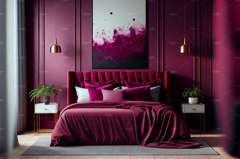 Bedroom in viva magenta and dark burgundy colours interior design. Bedside tabl by Olyryk & Aglo on @creativemarket Fuschia Bedroom, Pink And Red Bedroom, Magenta Bedrooms, Bed Cover Design, Ford Pinto, Brighter Bedroom, Bed Interior, Minimalist Bed, Pink Bedroom Decor