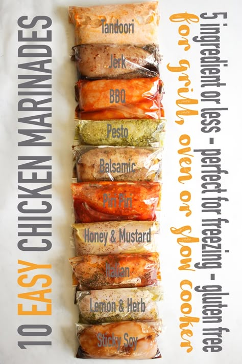 CHICKEN MARINADE - These 10 easy to prepare Chicken Marinade recipes are perfect for spicing up a boring chicken dinner! Pop them into the freezer, use them for the grill (or on the barbecue if your in the UK), oven bake them or slow cook (crock pot) them. They all use 5 ingredients or less and are gluten free. Includes spicy, Indian, honey, healthy, asian and peri peri (piri piri) Nando's style options. Something for everyone! #tamingtwins #chicken #chickenrecipes #glutenfree #marinade Marinade Chicken, Easy Chicken Marinade, Chicken Marinade Recipes, Healthy Asian, 5 Ingredients Or Less, Piri Piri, Peri Peri, Chicken Marinade, Marinade Recipes