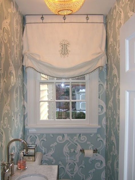 linen English shade with covered buttons, drop ball trim and monogram Relaxed Roman Shade, Enchanted Home, Bathroom Windows, Custom Window Treatments, Window Dressings, Window Styles, Custom Windows, House Remodel, Beautiful Bathrooms