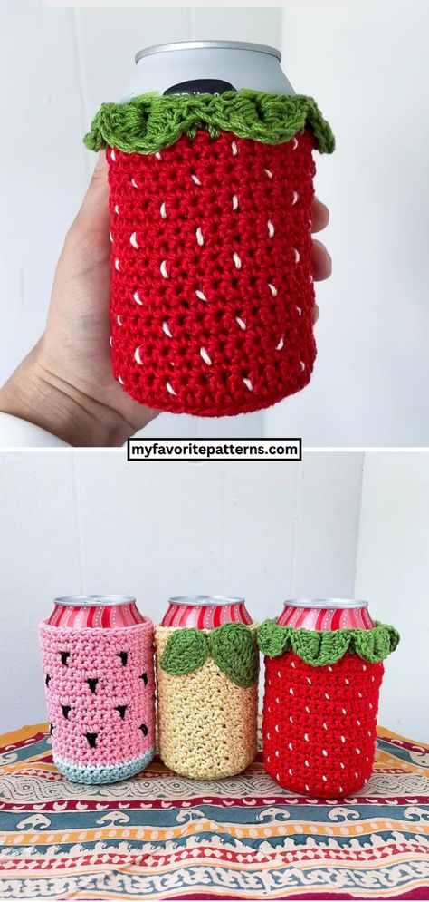 Amigurumi Patterns, Couture, Crochet Strawberry Cup Cozy, Cup Cover Crochet, Craft To Sell Ideas Handmade, Amigurumi Craft Fair, Crochet Fair Ideas, Crochet Patterns Fruit, Drink Cozy Crochet Pattern