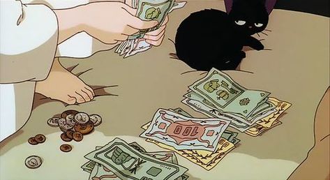 Imagen de anime, cat, and money Cat Anime, A Black Cat, Old Anime, 90s Anime, Anime Scenery, Anime Style, Studio Ghibli, Aesthetic Anime, A Black