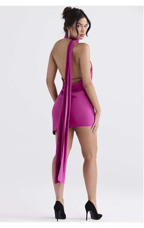 Clothing : Mini Dresses : 'Aida' Hot Pink Asymmetric Wrap Neck Dress Pink Satin Mini Dress, Prom Dress Inspo, Luxe Clothing, Black Patent Heels, Chic Scarves, Duchess Satin, Magenta Pink, House Of Cb, Satin Mini Dress