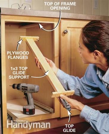 slideout pantry Photo 2: Attach the glide supports. Replacing Cabinets, Kabinet Dapur, Kitchen Cabinet Storage, Family Handyman, Pantry Cabinet, Kitchen Redo, Kitchen Projects, Kitchen Remodel Idea, Updated Kitchen