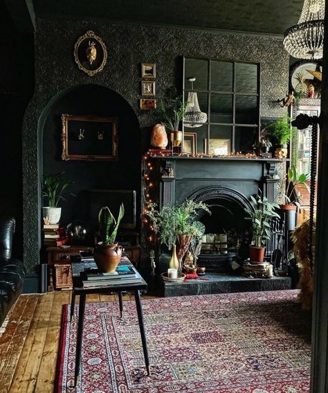 Goth Themed Living Room, Dark Homestead Aesthetic, Dark Academia Aesthetic Home Office, Dark Botanical Old World, Fireplace Altar, Masculine Cottagecore, Gp Aesthetic, Rustic Gothic Home Decor, Gothic House Interior