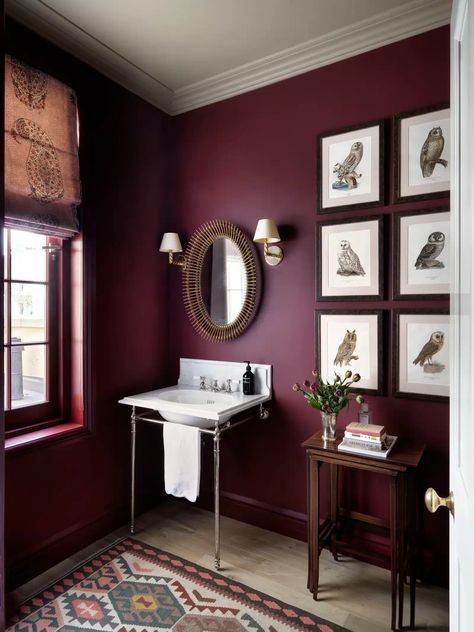 The top burgundy paint colors most recommended by interior designers for a moody, sophisticated space in bathrooms, kitchens, and bedrooms. Burgundy Paint Colors, Burgundy Bathroom, Burgundy Walls, Statement Tiles, Burgundy Paint, London Townhouse, Paint And Paper Library, Townhouse Designs, Bathroom Red