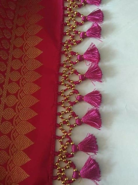 Saree Pallu Tassels, Saree Tassels Designs Latest, Tassel Saree, Tassels Fashion Clothing, Tassels Saree, Saree Kuchu New Designs, Chudi Neck Designs, Tassels Designs, Saree Pallu