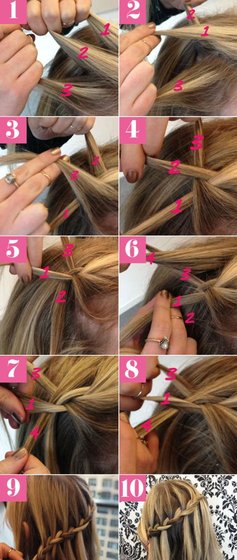 10 Steps to a Pretty Waterfall Braid Waterfall Braid Tutorial, Waterfall Braid Hairstyle, Hairstyles Tutorial, Waterfall Braid, Christmas Hairstyles, Medium Long Hair, Penteado Cabelo Curto, Braided Hairstyles Tutorials, Braided Hairstyles Easy