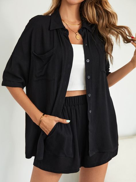 Black Casual  Half Sleeve  Plain  Embellished Non-Stretch  Women Co-ords Black Short Sleeve Button Up Outfit Women, Half Sleeve Shirt Women Outfit, Black Oversized Shirt Outfit Women, How To Style Oversized Shirt, Button Shirt Outfit, Short Sleeve Shirt Outfit, Sleeve Shirt Outfit, Black Shorts Outfit, Oversized Shirt Outfit