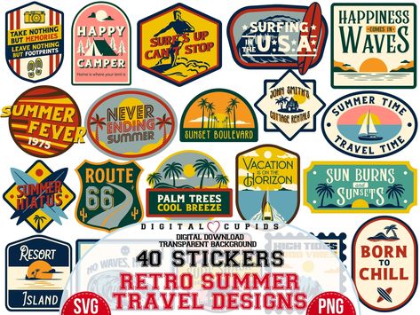 Retro Summer Travel Stickers Bundle SVG PNG I Surfing in USA I Holiday Vacation Stickers Collection I Clipart Design Sublimation I Souvenir Vacation Stickers, Surf Stickers, Stickers Collection, Twitch Panels, Palm Tree Sunset, Design Stickers, Vintage Fans, Travel Stickers, Retro Summer