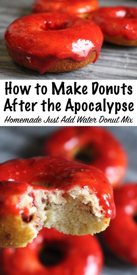 How to Make Donuts After the Apocalypse ~ Homemade Just Add Water Donut Mix using shelf stable ingredients ~ Make donuts (with frosting!) anytime with an easy homemade mix ~ No perishables needed! Donut Recipe No Yeast, Baked Donut Recipe, Survival Cooking, Simmering Pot, Donut Mix, Baked Donut, Baked Donut Recipes, Emergency Food Supply, Donut Recipe