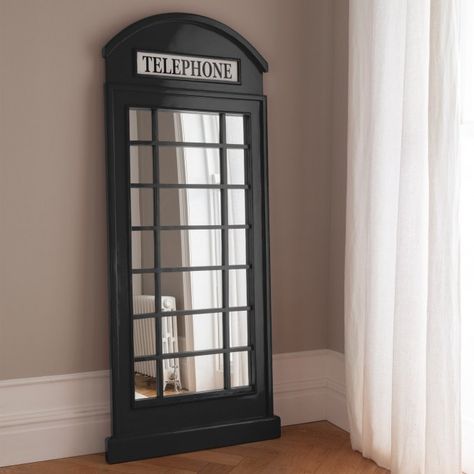 Introducing to you our beautiful Black Telephone Box Full Length Mirror. Crafted from the highest materials in a classic London Telephone box style this leaner mirror is guaranteed to impress and create a focal point in any room. Can be used as a leaner mirror or wall mounted style making it a versatile piece around the home. Height: 200cm Width: 79cm Black Full Length Mirror, Black Telephone, Basement Movie Room, Mirrors Uk, French Floor, Feature Wall Living Room, Full Length Mirrors, Floor Standing Mirror, Telephone Box