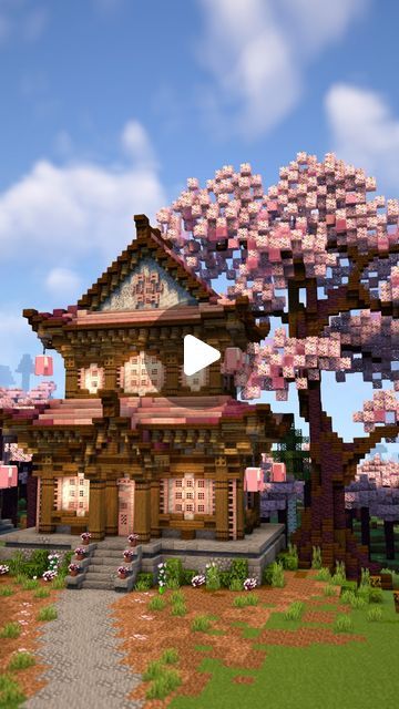 Cherry Blossom Temple Minecraft, Sakura Biome House Minecraft, Minecraft Cherry Blossom House Tutorial, Minecraft Cherry Blossom Tree, Minecraft Building Ideas Cherry Blossom, Cherry Blossom Builds Minecraft, Minecraft Cherry Blossom Builds, Minecraft Cherry Blossom House, Minecraft Tree