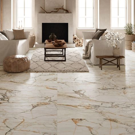 Calacatta Gold Floor Tile, House With Marble Floors, Sitting Room Floor Tiles Ideas, Italian Tiles Floor Living Rooms, Italian Marble Flooring Luxury, Italian Marble Flooring Design, Calacatta Gold Marble Kitchen, Marble Flooring Design Living Room, Living Room Marble Floor