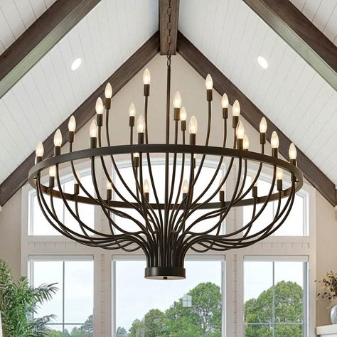 Modern Farmhouse Candle Chandelier Black Large Wagon Wheel Chandeliers - On Sale - Bed Bath & Beyond - 40351540 Oversized Lantern Chandelier, Entrance Modern Chandelier Entryway, Chandelier Tall Ceiling Living Rooms, Chandelier Bedroom Low Ceiling, Large Chandelier Dining Room, Large Room Chandelier, 60 Inch Chandelier, Large Entryway Light Fixture, Lake House Chandelier