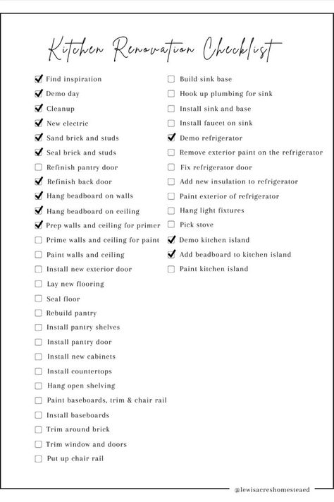 A list of task that need to be completed for a kitchen renovation. Renovation Checklist, Remodel Checklist, Kitchen Restoration, Renovation Plan, Kitchen Remodel Checklist, Plan Checklist, The Checklist, Beadboard Ceiling, Diy Kitchen Remodel