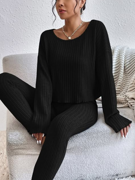 Black Casual Collar Long Sleeve  Plain  Embellished Slight Stretch  Women Co-ords Slim Pants Outfit, Black Leggings Outfit, Loungewear Outfits, Lounge Outfit, Drop Shoulder Tee, Legging Outfits, Ribbed Leggings, Ribbed Knit Top, Knit Leggings