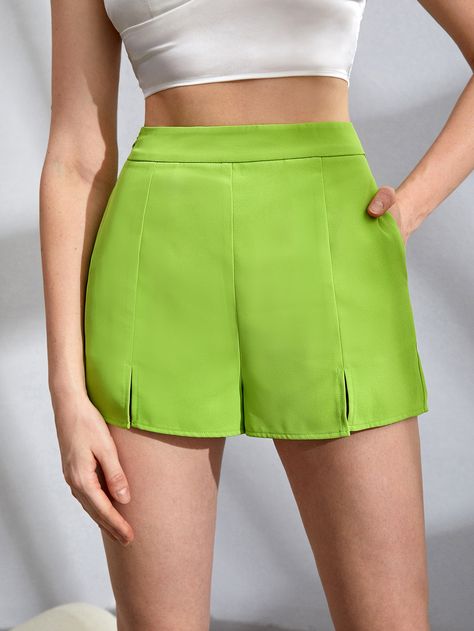 Light Lime Green, Lime Green Shorts, Women Bottoms, Women Shorts, Split Hem, Lime Green, Summer Women, Womens Bottoms, Short Dresses