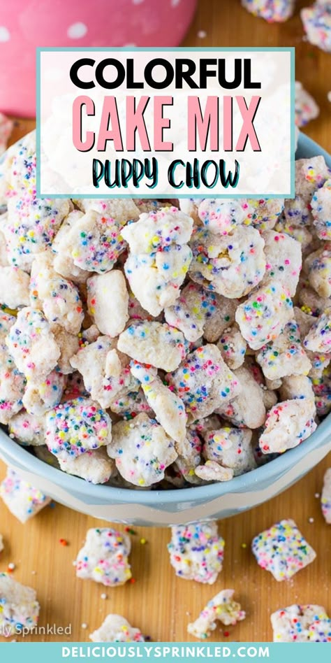 Sugar Cookie Puppy Chow, Sprinkle Puppy Chow, Cheesecake Puppy Chow, Funfetti Chex Mix Recipes, Snacks With Sprinkles, Sugar Cookie Chex Mix Recipe, Birthday Cake Puppy Chow, Sprinkle Snacks, Sugar Cookie Mix Ideas