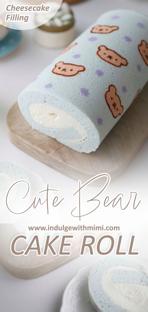 Light blue cake roll printed with cute bears on it on a serving board. Pattern Cake Roll, Pattern Swiss Roll, Festive Holiday Desserts, Tårta Design, Swiss Roll Cakes, Cake Bear, Swiss Cake, Japanese Bakery, Pattern Cake