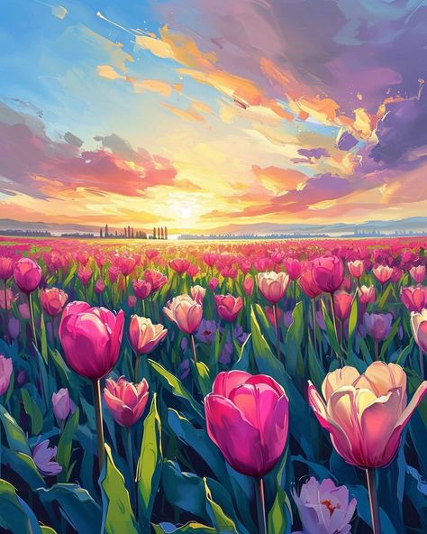 Endless tulips field at beautiful sky. #tulips #nature #flowers #sky #illustration #colorful #spring #sun Tulip Garden Painting, Scenery Canvas Painting Landscapes, Field Of Tulips Painting, Tulip Field Drawing, Flower Scenery Painting, Flower Field Illustration, Tulip Field Painting, Tulip Illustration, Tulips Field