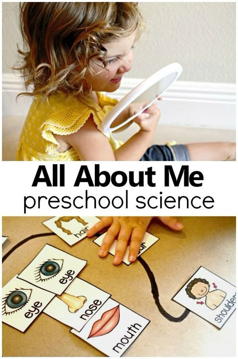 This fun all about me preschool science activity will engage your little one through literacy, science, and hands-on learning.  Check out the free printable resource too! via @shaunnaevans Turtle Classroom, Abc Practice, All About Me Preschool Theme, September Preschool, Me Preschool Theme, Preschool Family, All About Me Book, Body Parts Preschool, Preschool Fall