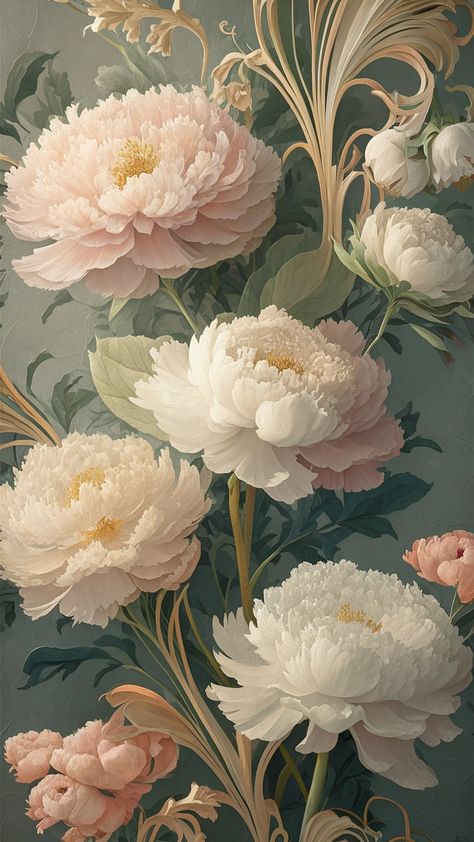 Immerse yourself in a floral paradise with our enchanting peony wallpaper. Featuring lush, pastel blooms and intricate Art Nouveau designs, this artwork captures spring's delicate beauty. The vintage color palette and impressionistic light play create an ethereal atmosphere, perfect for nature lovers. Ideal for home decor, this wallpaper adds texture and depth, inviting tranquility into your space. Art Nouveau Floral Pattern, Paradise Wallpaper, Victorian Elegance, Vintage Colour Palette, Vintage Style Wallpaper, Muted Palette, Victorian Pattern, Peony Wallpaper, Wallpaper Floral