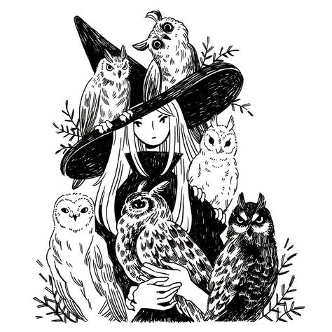 Heikala (@heikala) on Instagram: A witch and six owl familiars Witch Drawing, Bel Art, Kunst Inspiration, 인물 드로잉, Art Et Illustration, Witch Art, Art And Illustration, A Witch, Fantasy Illustration