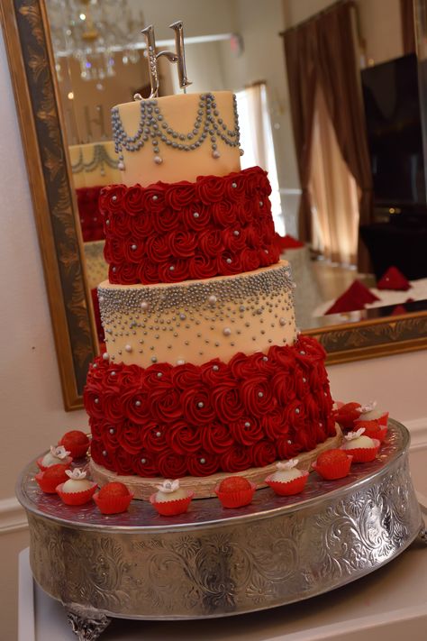 15 Cakes Quinceanera Red, Big Red Cake, Red Quinceanera Theme, Cakes Quinceanera, Red Quince Theme, Coquette Cake, Red Quinceanera Ideas, Red Velvet Wedding Cake, Quince Cakes