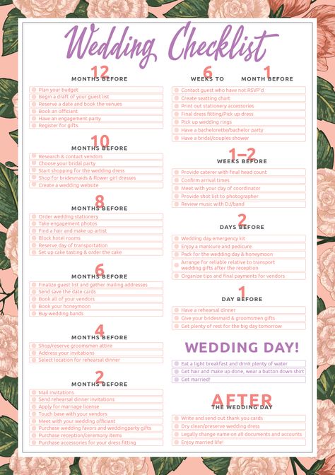 Printable wedding planning checklist template with a floral pattern to help you organize your wedding step by step. This checklist is divided into 12 timeline sections: 12 months before 10 months before 8 months before 6 months before 4 months before 2 months before 6 weeks to 1 month before 1-2 weeks before 2 days before 1 day before wedding day after the wedding day  #weddingplanningtimeline #weddingguestlist #weddingbudget #digitalpaper #freeprintable Day Before Wedding, Printable Wedding Planning Checklist, Printable Wedding Checklist, Wedding Planning Checklist Timeline, Wedding Planning Checklist Printable, Spring Wedding Outfit, Wedding Checklist Printable, Wedding Planner Binder, Wedding Planning Timeline