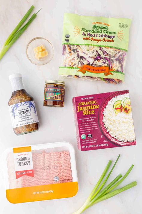 Skip the takeout and make this quick and easy Trader Joe's egg roll bowl recipe! We're ditching the deep fryer and transforming all those classic "egg roll" flavors into a delicious bowl packed with savory ground turkey, Trader Joe's Soyaki, and crunchy veggies. This dish has only FIVE main ingredients, and it's super quick to whip up on those days you don't feel like cooking! This is an easy Trader Joe's Dinner idea. It is also a Trader Joe's high protein meal idea great for meal prep! Trader Joes Egg Roll Bowl, Trader Joe’s Egg Roll In A Bowl, Stir Fry Trader Joes, Trader Joe’s Bowls, Egg Roll In A Bowl Trader Joes, Trader Joe’s Soyaki, Low Cal Trader Joes Meals, Trader Joe’s Soyaki Recipe, Healthy Trader Joe’s Meal Ideas