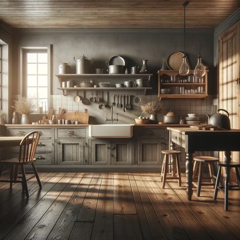 farmhouse kitchen with smoky gray walls Gray Kitchen Walls, Brass Kitchen Accessories, 2025 Kitchen, Kitchen Pop, Grey Kitchen Walls, Timeless Farmhouse, Wooden Countertops, Dark Grey Walls, Gray Walls