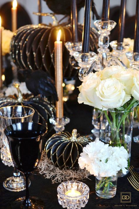 Glamorous Halloween, Tablescape Design, Sophisticated Party, Decoupage Pumpkins, Chic Halloween Decor, Gold Halloween, Sarah Grace, Classy Halloween, Halloween Tablescape