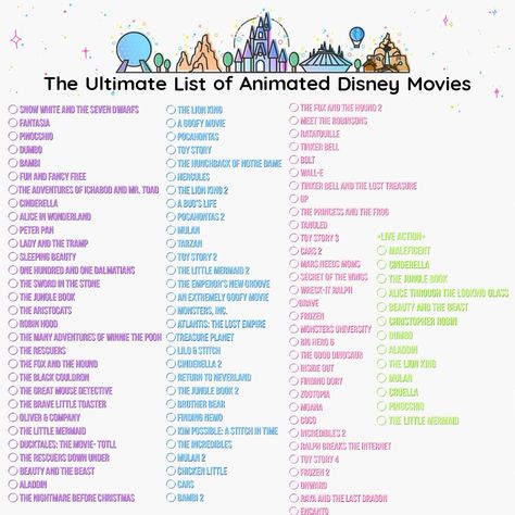 Disney, Disney Movies, Disneyland, Disney World, Classics, Disney Binge, List of Disney movies Ultimate Disney Movie List, Disney Movie Watch List, All Disney Movies In Order, Disney Checklist Movie, Movies To Watch Before Disney World, Old Disney Movies List, Movies To Watch Disney Plus, Disney Marathon List, Disney Princess Movies List In Order