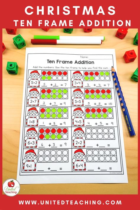 Help students master addition to 10 with this fun Christmas math worksheet for kindergarten. Students color the ten frame to match the addition fact. Then, students add the circles on the ten frame to find solve the addition fact. This Christmas math worksheet is ideal for the month of December and can be used in math centers, with early finishers, or for morrning work. Christmas Worksheets For Kindergarten, Math Worksheet For Kindergarten, December Worksheets, Ten Frame Addition, Christmas Worksheets Kindergarten, Frame Addition, Christmas Math Worksheets, December Kindergarten, Worksheet For Kindergarten