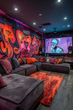 Hip Hop Apartment Decor, Style Room Ideas, Gaming Room Design, Content Room, Street Style Room, Basement Lounge, Graffiti Bedroom, Lofted Cabin, Urban Bedroom