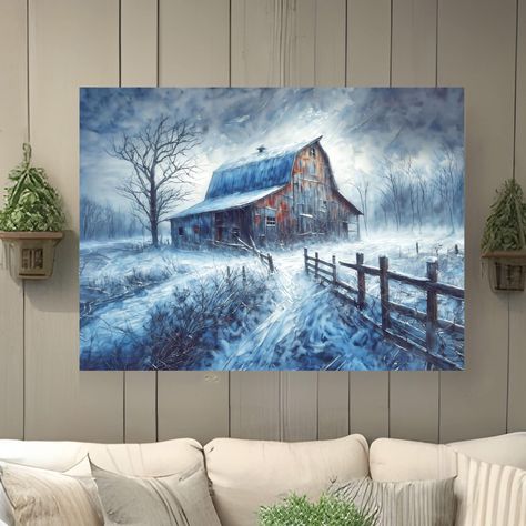 Bring the rustic charm of the countryside into your home with our exquisite Winter barn watercolor style print. This stunning work of art features a beautiful brown barn in a snowy countryside landscape. The sunrise after a storm that dropped fresh snow, exudes warmth and stillness. This rustic watercolor style painting is the perfect addition to any living space. Add a touch of simplicity and inspiration to your home decor with this beautiful work of art. The watercolor style, and intricate details create a unique and eye-catching piece that you can enjoy looking at every day.  Highlights: - Depicts a stunning red in a winter countryside landscape - Rustic watercolor style painting adds a pop of color and charm to any room - Available in a range of sizes, in archival matte or satin - Vers Barn Paintings On Canvas, Old Barn Paintings, Snowy Countryside, Road Watercolor, Modern And Rustic Decor, Farm Prints, Winter Farm, Rustic Landscaping, Winter Artwork