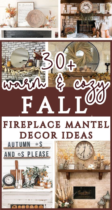 If you're looking for fall decor fireplace ideas, you'll want to see these 30+ gorgeous fall mantel decorations! Mantel decor is often the statement piece of your fall decor for living rooms - these ideas will give you the complete fall aesthetic, especially if you love rustic fall home decor! These fall mantels are cozy enough to transition to Thanksgiving fireplace mantel decor and to hold you off til it's time for Christmas! Gorgeous rustic farmhouse, modern farmhouse & minimalist styles! Outdoor Fireplace Fall Decorations, Rustic Fall Mantel Decor, Fireplace Decor For Fall, Fireplace Hearth Ideas Decor Modern, Mantle Without Fireplace Ideas, Cottage Mantel Decorating Ideas, Fireplace Mantel Decorating Ideas Rustic, Fall Hearth Decor Ideas, Fall Fireplace Mantel Decorating Ideas