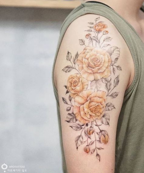 Yellow Rose And Daisy Tattoo, Yellow Rose Bouquet Tattoo, Yellow Roses Tattoo, Yellow Flower Tattoo, Yellow Flower Tattoos, Dawn Tattoo, Yellow Rose Tattoo, Coverup Ideas, Yellow Tattoo