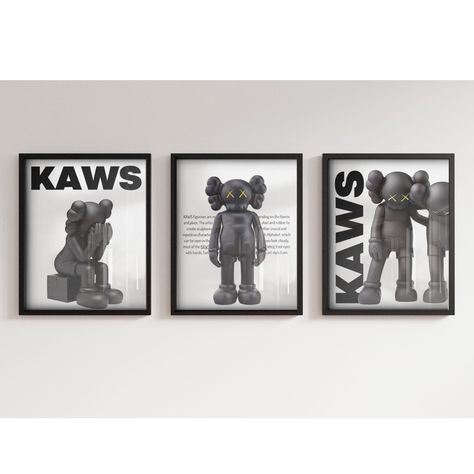 New Glass Framed Kaws Wall Art Set Of 3. Hangs Great In Any Room Or Wall. Add Color And Design To Any Room, Office, Or Gym. Frames Size: 9.5”X11.5” Includes 3 Glass Frames Self Portrait Bedroom Decor, Posters On Wall Bedroom Black And White, Men Wall Art Bedroom, Wall Art With Lighting, Minimal Dorm Room Decor, Room Decor With Records, Kaws Decoration Room, Black And Grey Dorm Room Ideas Guys, Black And White Living Room Wall Decor