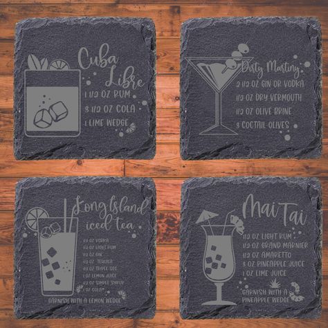 Slate Coasters Engraved, Laser Engraved Slate Coasters, Slate Engraving Ideas, Engraved Slate Coasters, Slate Coasters Ideas, Xtool F1 Projects, Laser Coasters, Slate Ideas, Bartender Drinks Recipes