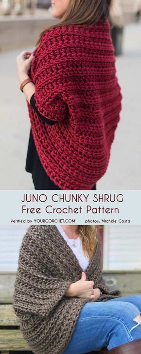 Juno Chunky Shrug Free Crochet Pattern Pola Sweater, Crochet Shrug Pattern Free, Hoodie Diy, شال كروشيه, Crochet Shrug Pattern, Shrug Pattern, Crochet Shrug, Haken Baby, Chale Crochet