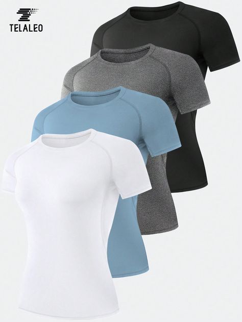 Multicolor  Collar Short Sleeve Knitted Fabric Plain  Embellished Medium Stretch Spring/Fall,Summer Women Activewear Affordable Gym Clothes, Compression Shirts Women, Gym Shirts For Women, Sports Tank Tops, Pilates Wear, Tight Tank Top, Athletic Wear Womens, Compression Shirts, Workout Tank Top