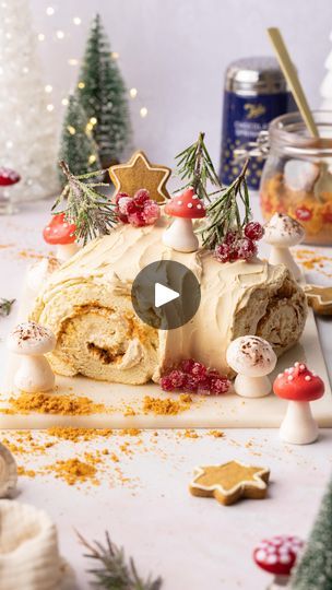 9.8K views · 840 reactions | ⁣🌟 Golden Biscoff Bûche de Noël 🌟⠀ ⠀ When @talacooking set me the challenge of creating the ultimate festive showstopper I knew exactly what to make (AD) 😉 You guys LOVE a yule log recipe and this trendy flavour twist puts a whole new spin on the classic! The vanilla sponge is light as a feather and filled with Biscoff whipped cream and crunchy Biscoff biscuit crumbs 🧡 Caramelised white chocolate ganache coats the cake for a golden finish before it’s decorated with frosted rosemary trees, homemade meringue mushrooms and juicy cranberries ❄ Making a yule log calls for a trusty non-stick baking tray so the cake easily flips out after baking. The one I used from Tala’s Performance Range ticked every box – highly recommend it!⠀ ⠀ Full recipe with method is on t Frosted Rosemary, Homemade Meringue, Rosemary Tree, Meringue Mushrooms, Yule Log Recipe, Caramelized White Chocolate, Biscoff Biscuits, White Chocolate Ganache, Vanilla Sponge