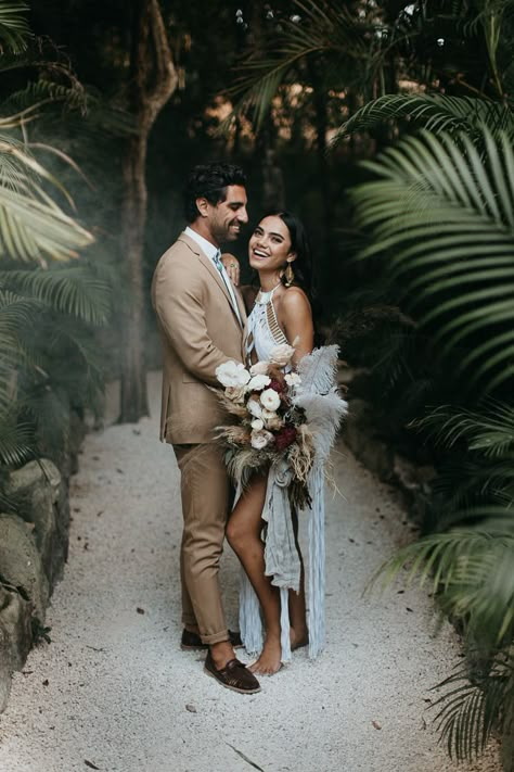 Habitas Tulum Elopement Tulum Mexico Wedding Dress, Tulum Wedding Ceremony, Tulum Jungle Wedding, Elopement Ideas Mexico, Tulum Wedding Flowers, Jungle Wedding Photos, Jungle Wedding Dress, Tulum Engagement Photos, Tropical Wedding Photos