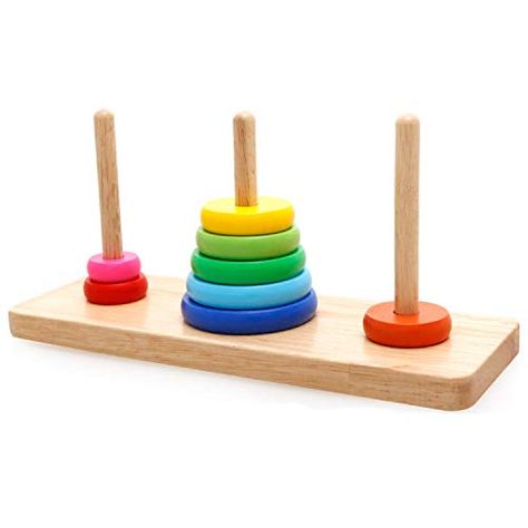 PRICES MAY VARY. SAFETY: This tower of hanoi is made of high quality solid wood, non-toxic, safe for playing. 8 RINGS: This wooden tower of Hanoi consists of 3 rods and 8 round rings. COLOR/SIZE RECOGNITION: 8 rings are of different sizes and colors. The hanoi tower can be used to teach kids to learn colors, sizes and numbers. MATHEMATICS THINKING: Hanoi Puzzle also known as The Pagoda Puzzle, it is an ancient puzzle invented by a mathematician in 1883. COORDINATION & FLEXIBILITY: The Tower of H Tower Of Hanoi, Wooden Educational Toys, Kindergarten Gifts, Montessori Educational Toys, Wooden Rainbow, Puzzles For Toddlers, Stacking Toys, Buy Wood, Block Toys