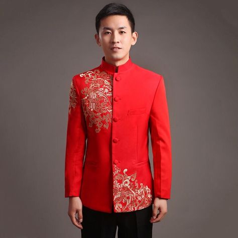 Chinese Style Wedding Dress, Chinese Suit, Men Suit Wedding, Western Outfits Men, Tang Suit, Red Tunic, Red Suit, Wedding Suit, Chinese Wedding