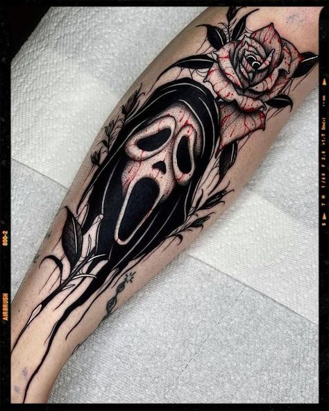 Ghostface Tattoo. Halloween Tattoos Sleeve, Hirsch Tattoo, Female Tattoos, Movie Tattoos, Men Tattoos, Forarm Tattoos, Scary Tattoos, Theme Tattoo, Creepy Tattoos